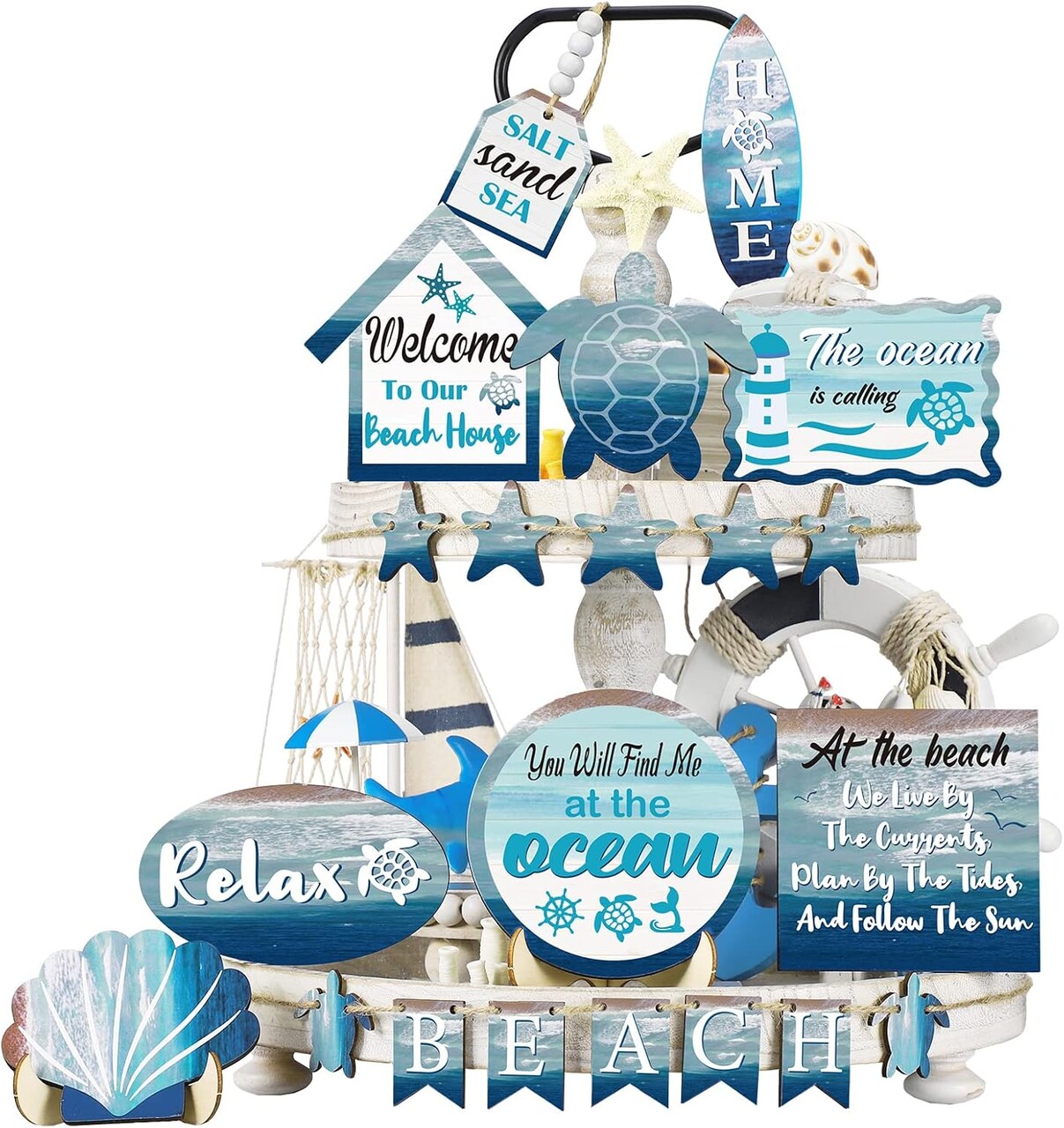 21 Pcs Summer Beach Tiered Tray Decor Set Farmhouse Tray Decor Items Sea Turtle Shell Conch Wood Sign Rustic Beach Table Decoration for Home Kitchen Hawaii Party Holiday Outdoor Shelf